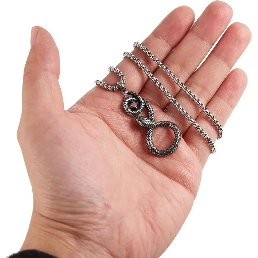 Men's  Black CZ Snake Silver Gothic Stainless Steel Snake Pendant Jewelry Chain